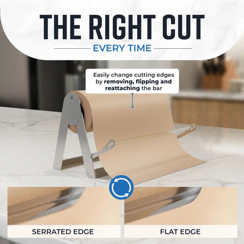 Heavy Duty Steel Butcher And Kraft Paper Roll Dispenser With Razor Sharp Cutter Blade Built For Kitchen Wrapping And Craft Room Jobs That Hits Different Every Use Top Shelf Quality You Will Dig Smooth Cuts Guaranteed, showing serrated and flat cutting edges.