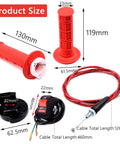Seven Eighths Inch 22mm Twist Throttle Cable Kit With Rubber Grip Handles For 50cc 90cc 110cc 125cc 4 Stroke Pit Dirt Bikes And Mini ATVs Includes One Throttle Cable Two Grips Aluminum Clamp, showing product size and components.