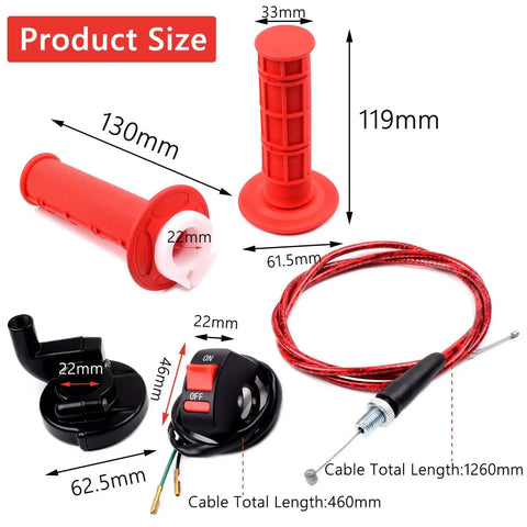Seven Eighths Inch 22mm Twist Throttle Cable Kit With Rubber Grip Handles For 50cc 90cc 110cc 125cc 4 Stroke Pit Dirt Bikes And Mini ATVs Includes One Throttle Cable Two Grips Aluminum Clamp, showing product size and components.