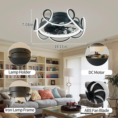 Bladeless Ceiling Fan With Lights And Remote, Ultra Quiet geometric design in living room, features ABS blades, DC motor.