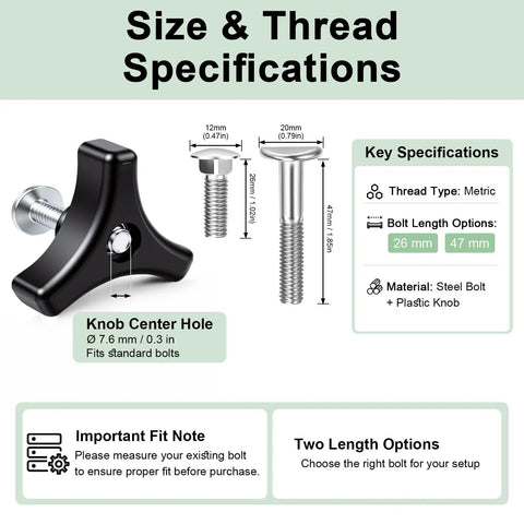 Size and thread specifications for Honda Lawn Mower Handle Knobs Kit Four Pack Replacement Nuts And Bolts Universal Fit