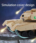 Close-up of yellow 2.4 GHz 9-Channel RC Battle Tank With Sound Lights And Rotating Turret, on rocky surface with effects
