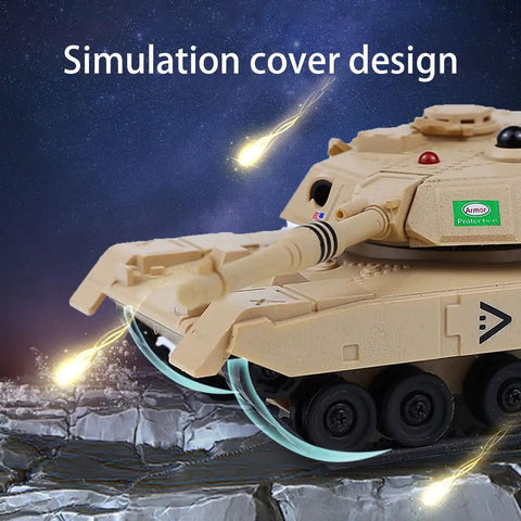 Close-up of yellow 2.4 GHz 9-Channel RC Battle Tank With Sound Lights And Rotating Turret, on rocky surface with effects