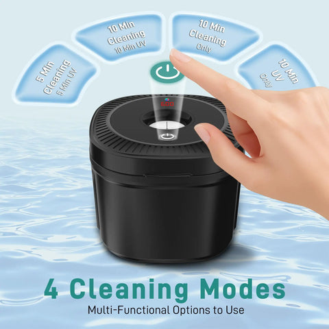 Finger pressing button on Ultrasonic Retainer Cleaner With UV Lights 45kHz Deep Cleaning Pod For Dentures and more