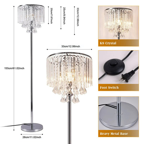 Modern Crystal Floor Lamp With Chrome Finish, 3 Glass Crystal Lights, On Off Foot Switch, Standing Reading Corner Light For Living Room, Office, Cafe, Den Or Bedroom, Glam Contemporary Glass Glow