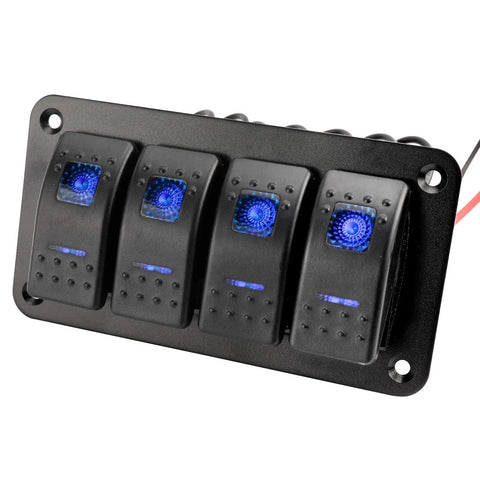 Beefy 12 To 24V Illuminated Rocker Switch Panel For Boats Cars And Marine Use Aluminum Pre Wired Dash Mount With 4 Gang Toggle Switches Blue LED Backlit
