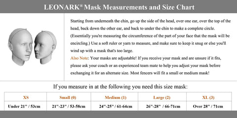 Fencing Foil Mask Helmet CE 350N Certified National Grade Masque measurement and size chart guide with head diagrams.