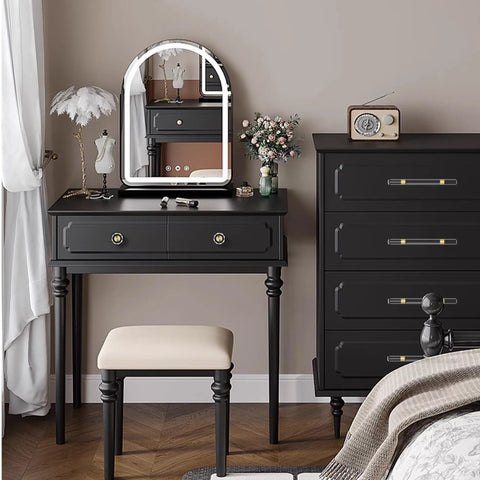 Luxurious bedroom vanity with black dresser featuring 10 Pack Dope Brass Crystal Cabinet Knobs Set with Glass Crystal Gold Finish.