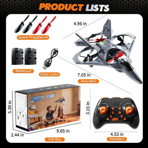 Mini Stunt RC Plane Drone With LED Lights, 2.4GHz Remote, showing spare propellers, batteries, remote and packaging dimensions
