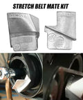 Two Piece Stretch Belt Removal And Installation Tool Kit for vehicles, showing stainless metal remover set in use on pulley
