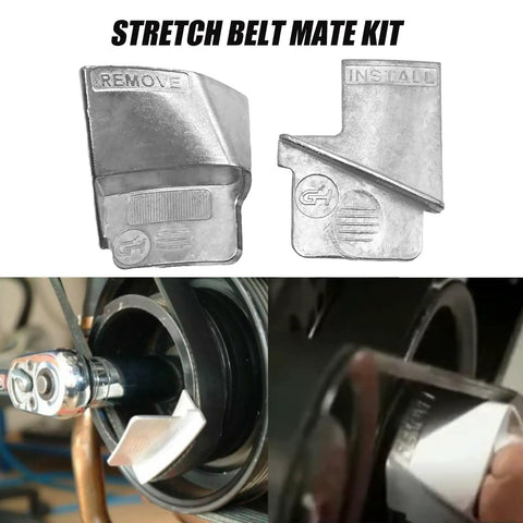Two Piece Stretch Belt Removal And Installation Tool Kit for vehicles, showing stainless metal remover set in use on pulley