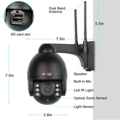 WiFi Outdoor Security Camera 1080P With 2.4GHz And 5GHz, 24 Seven Recording, Motion Detection, 4X Optical Zoom, Pan Tilt Control