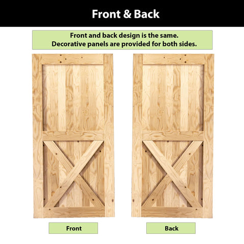 Dual view of front and back of wooden barn door with decorative panels, featuring a rustic design.