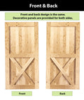Front and back view of Five In One Design Solid Natural Pine Barn Door Kit For Interior Use, Forty Eight Inch Wide And Eighty Four Inch High, Unfinished And Unassembled With Pre Drilled Holes For Easy Assembly And Pre Routed Floor Guide Groove, Two Person Install.