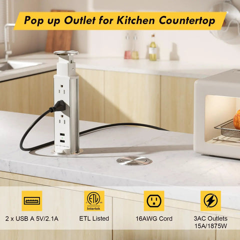 Pop Up Power Outlet For Countertop With 3 AC Outlets And 2 USB Ports, Hidden Recessed Socket Pulling Up From Kitchen Countertop