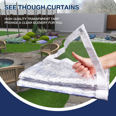 Clear Vinyl Tarp 10x10 Heavy Duty 15oz Waterproof Tarpaulin Transparent PVC With Reinforced Edges And Aluminum Eyelets For Outdoor Use Weatherproof From Minus Five Fahrenheit To One Hundred Forty Fahrenheit shown folded in a hand outdoors.