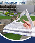 Clear Vinyl Tarp 10x12 Ft, 15 Oz Waterproof Tarpaulin held over outdoor garden, showing see-through properties and reinforced edges.
