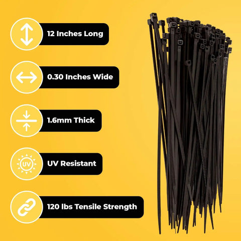 12 Inch Heavy Duty Zip Ties, 150 Pack Black Cable Ties With 120Lb Tensile Strength, UV Resistant, shown with dimensions