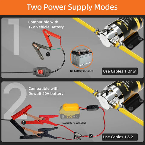 Two power supply modes for Heavy Duty Electric Oil Extractor Pump showing connections to 12V battery and Dewalt 20V battery.