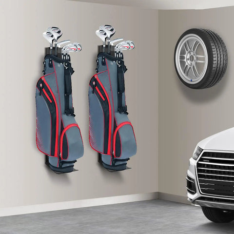 Wall Mount Golf Bag Holder With Retractable Air Spring Slide System in garage, holding two golf bags, space-saving storage solution