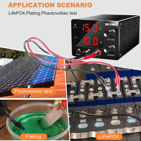 Variable DC Power Supply 0-30V 0-10A, 150W Bench Power Supply with Encoder and 3-Digit LED Display in various applications.