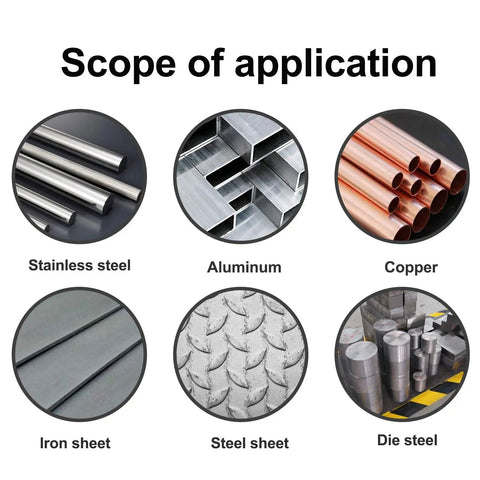 Scope of application for Carbide Tooth Tipped Hole Saw Cutter 1 Inch 25mm, showing various metal materials like steel, aluminum, copper.