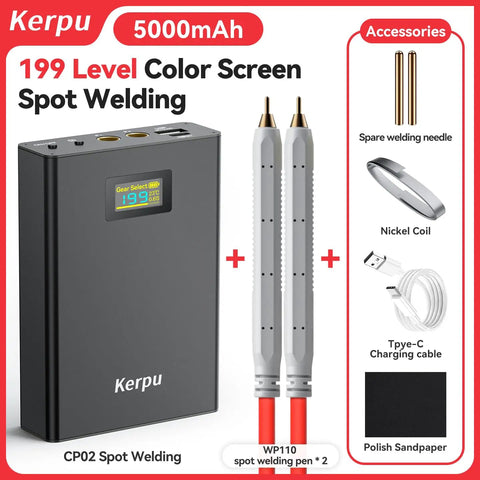 Dope Upgraded LCD Screen Spot Welder With 5000mAh Rechargeable Battery, accessories, welding pen, and Type-C input.