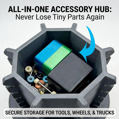 Close-up of center storage in 360 Degree Rotating Fingerboard Display Stand For 20 Decks And Accessories, holding tools and parts.