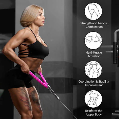 Woman using Pink Tricep Rope Cable Attachment For Gym And Home Workouts 27 Inch Length With Carabiner Durable Nylon Build for pushdowns