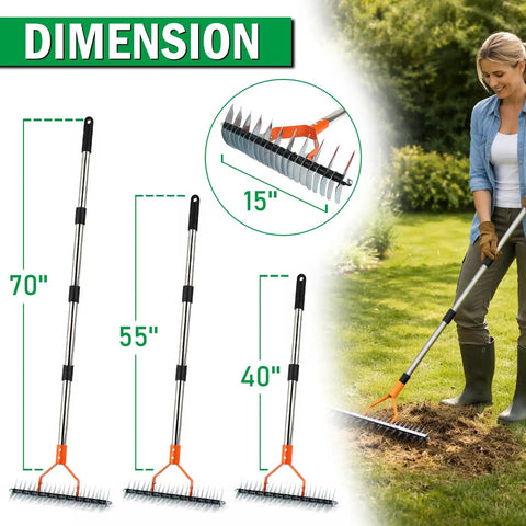 All In One 3 In 1 Thatch Rake For Lawn Care With 15 Inch Width Adjustable 40 To 70 Inch Handle Dethatching Rake With Bag