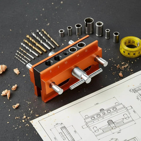 Vertical Hole Opener Dowel Jig Drill Guide Clamp Alloy Body Extended Model with drill bits and tools on a work surface.