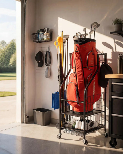 Three Tier Golf Bag Storage Rack For Garage Keeps One Bag Plus Extra Clubs Shoes Balls Towels And Accessories Pro Style Gear Organizer