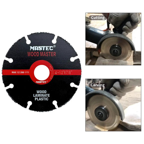 Heavy Duty 4 1/2 Inch Brazed Tungsten Carbide Cutoff Wheels With 7/8 Inch Arbor shows a cutting wheel used for cutting wood and plastic.