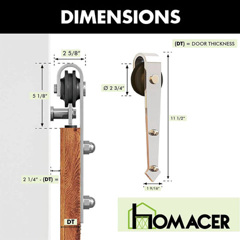 Dimensions of Beefy Brushed Nickel Non-Bypass Sliding Barn Door Hardware Kit with flat track and roller view.