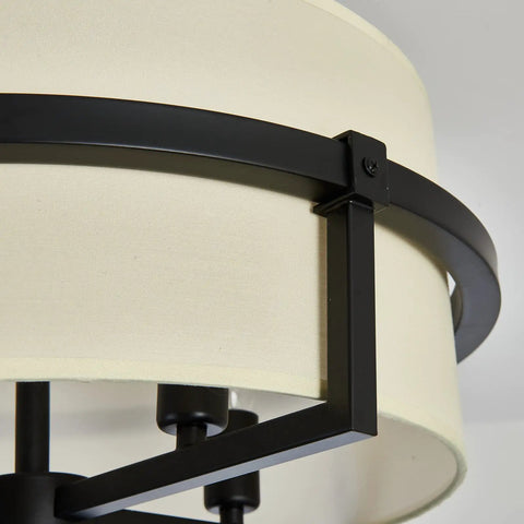 Close-up of matte black iron frame on Four Light Modern Drum Chandelier With Fabric Shade, Semi Flush Mount Ceiling Light