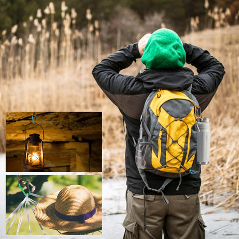 Person hiking with 10 Pack Aluminum D Ring Key Rings Clips Locking Carabiners on yellow backpack, lantern and hat attached, outdoors