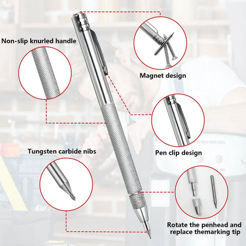 Close-up of Tough As Nails Tungsten Carbide Scribe Pen Kit with non-slip handle and tungsten carbide nibs.