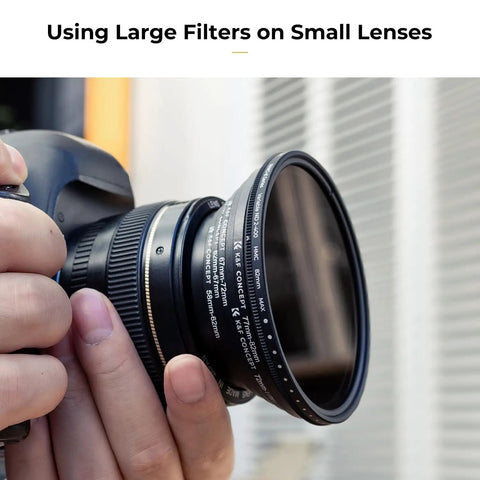 Close-up of camera lens with 9 Piece Step Up Ring Set And 9 Piece Step Down Ring Set Camera Lens Filter Adapter Kit attached.