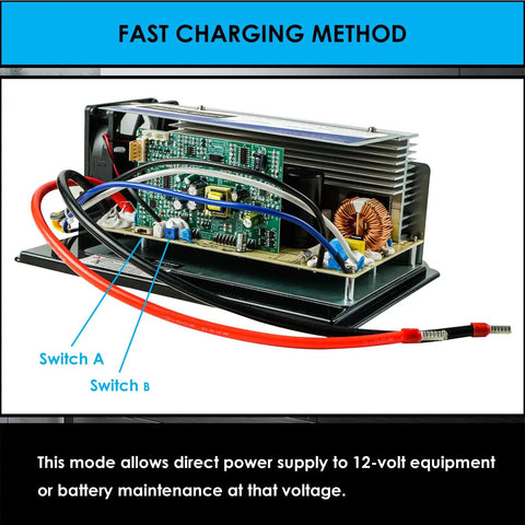 Heavy Duty 55 Amp Rv Power Converter 120V Ac To 12V Dc Battery Charger showing fast charging method with wiring connections.