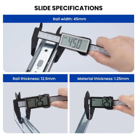 Measuring slide dimensions for 22 Inch Heavy Duty Soft Close Drawer Slides Set; shows rail width, thickness, and material thickness.