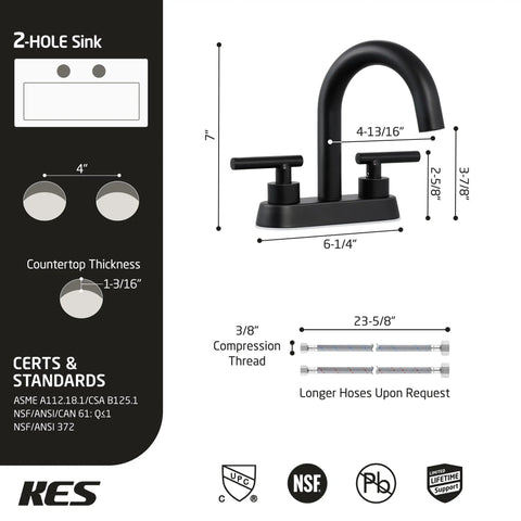 Diagram of All Metal 4 Inch Matte Black Bathroom Sink Faucet Centerset Vanity With Two Handles showing dimensions and certifications