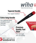 Slotted And Phillips Screwdriver Set 5 Piece With Tapered Extra Long Handles For Quick Turns And Comfortable Grips, Easy ID On Handle image showing handle features and no hassle guarantee.