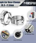 Front view of MISPIRE single-ear hose clamp, 10.3–11.8mm, 304 stainless steel, 100-piece set