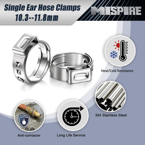 Front view of MISPIRE single-ear hose clamp, 10.3–11.8mm, 304 stainless steel, 100-piece set