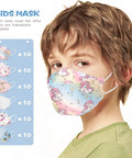 Child wearing a Kids KF94 Disposable Mask With Fish Mouth Design, shown with six colorful patterns, breathable, and protective.