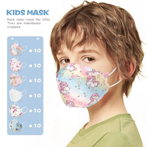 Child wearing a Kids KF94 Disposable Mask With Fish Mouth Design, shown with six colorful patterns, breathable, and protective.