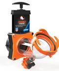 Rhino Blaster RV Tank Rinser with Gate Valve and Backflow Preventer, orange and black design for waste tank cleaning.