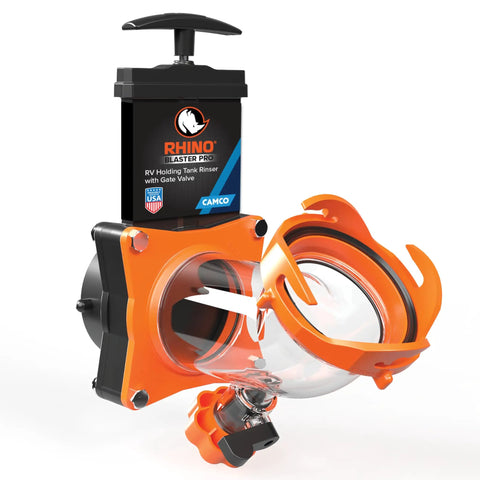 Rhino Blaster RV Tank Rinser with Gate Valve and Backflow Preventer, orange and black design for waste tank cleaning.