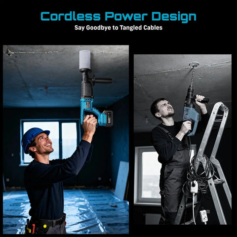 Men using Cordless SDS-Plus Rotary Hammer Drill With 2x5.0Ah Batteries, 3.2J Impact Energy, Brushless Motor for ceiling drilling