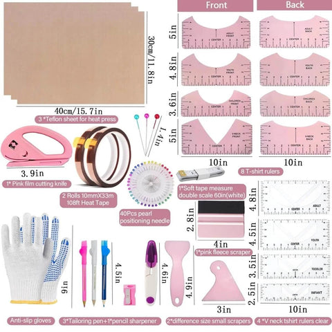 66 Piece Pro Grade Sublimation Shirts Tool Kit With Round Neck And V Neck Alignment Rulers 12 By 16 Inch Teflon Sheets Heat Resistant Tape Heat Gloves Showing All Items